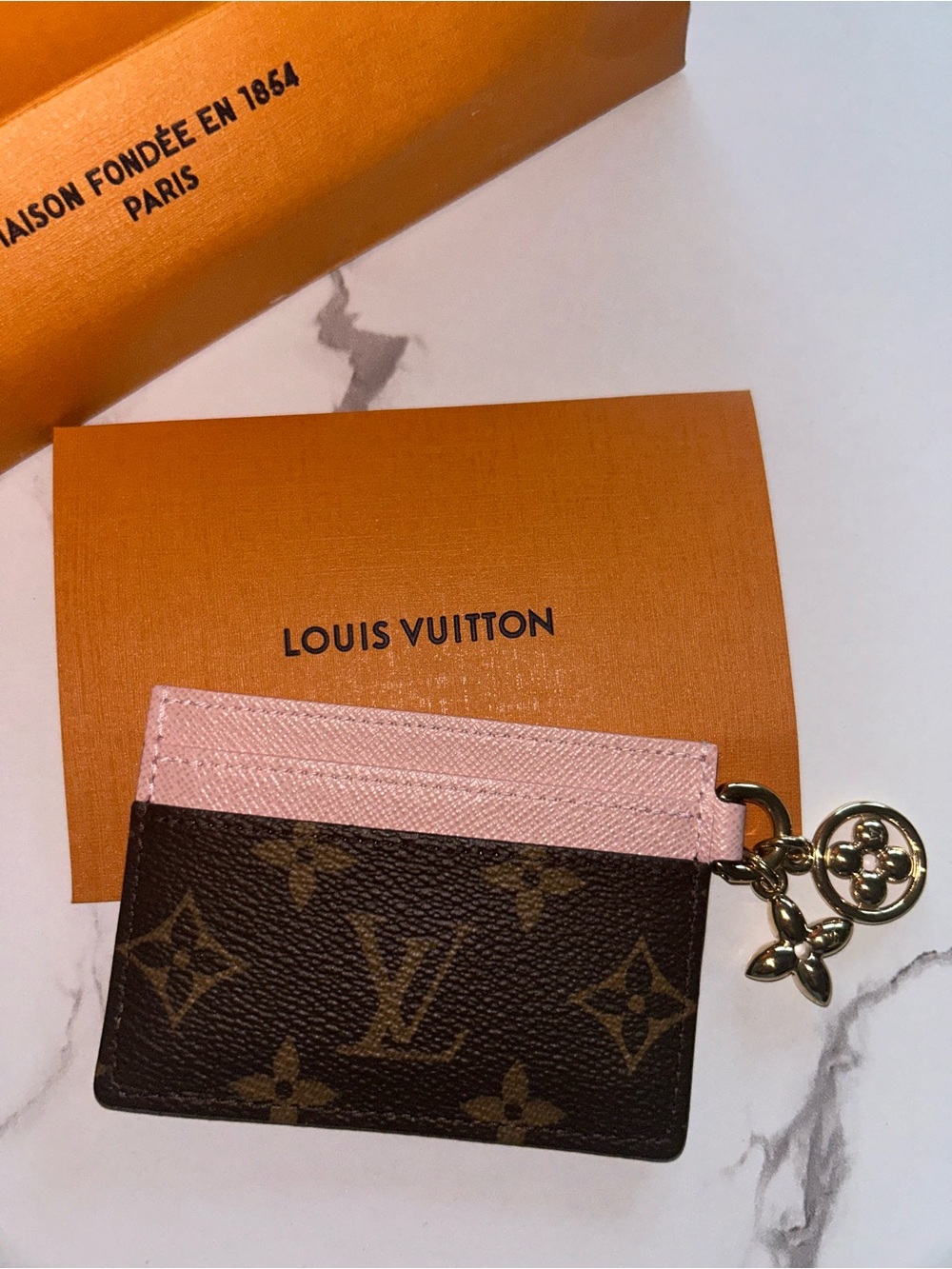 Louis Vuitton Brown Monogram Card Holder with Pink Trim and LV Charm